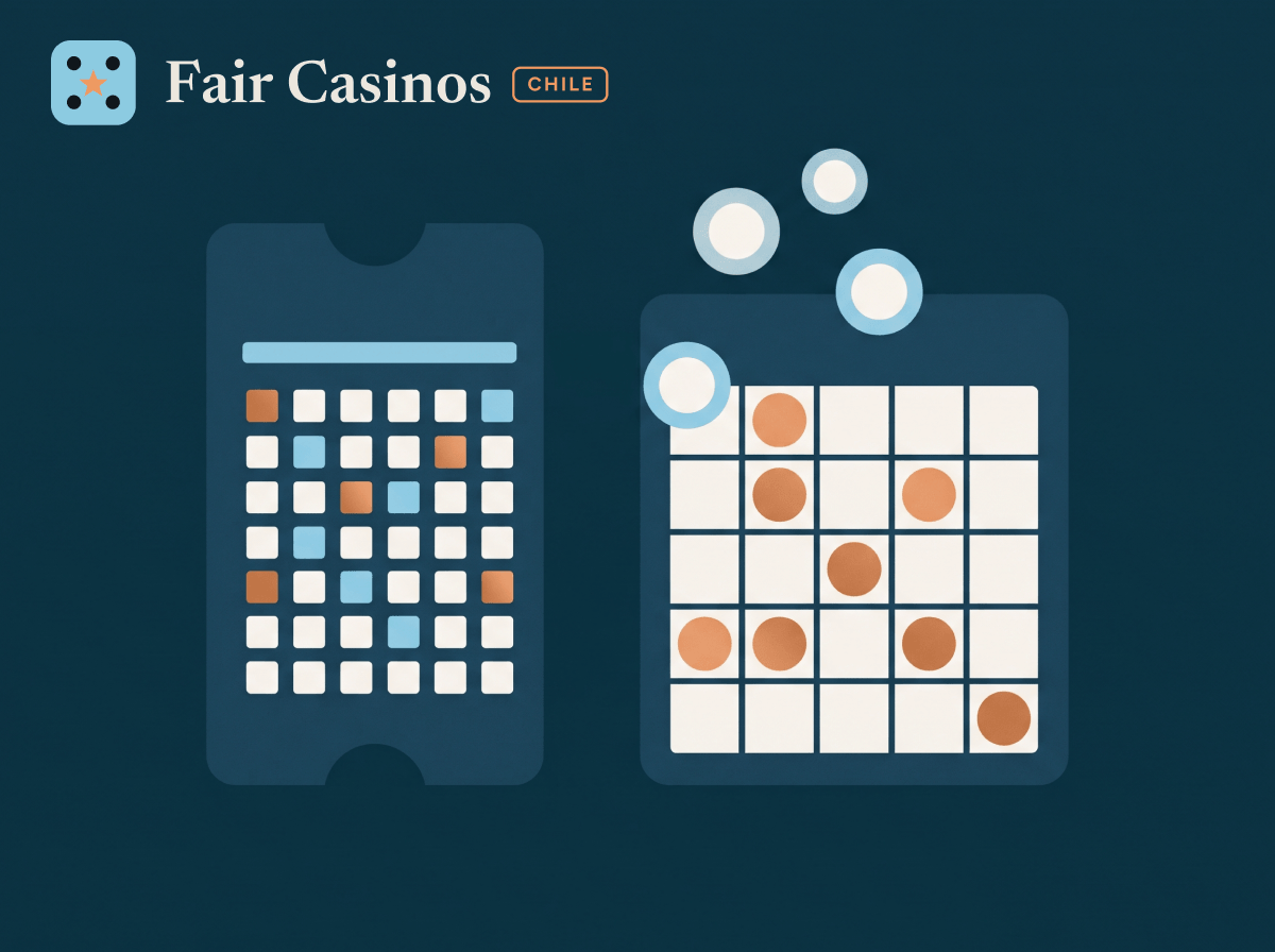 Baccarat: Disposición de una mesa de baccarat vista desde arriba
Bingo y Keno: Cartón de bingo y boleto de keno de estilo minimalista
Blackjack: Ilustración de una mesa de blackjack vista desde arriba
Crash: Gráfico de un juego tipo «crash» de estilo minimalista con un cohete en ascenso
Casino en vivo: Pantalla de portátil que muestra una partida de ruleta con crupier en vivo