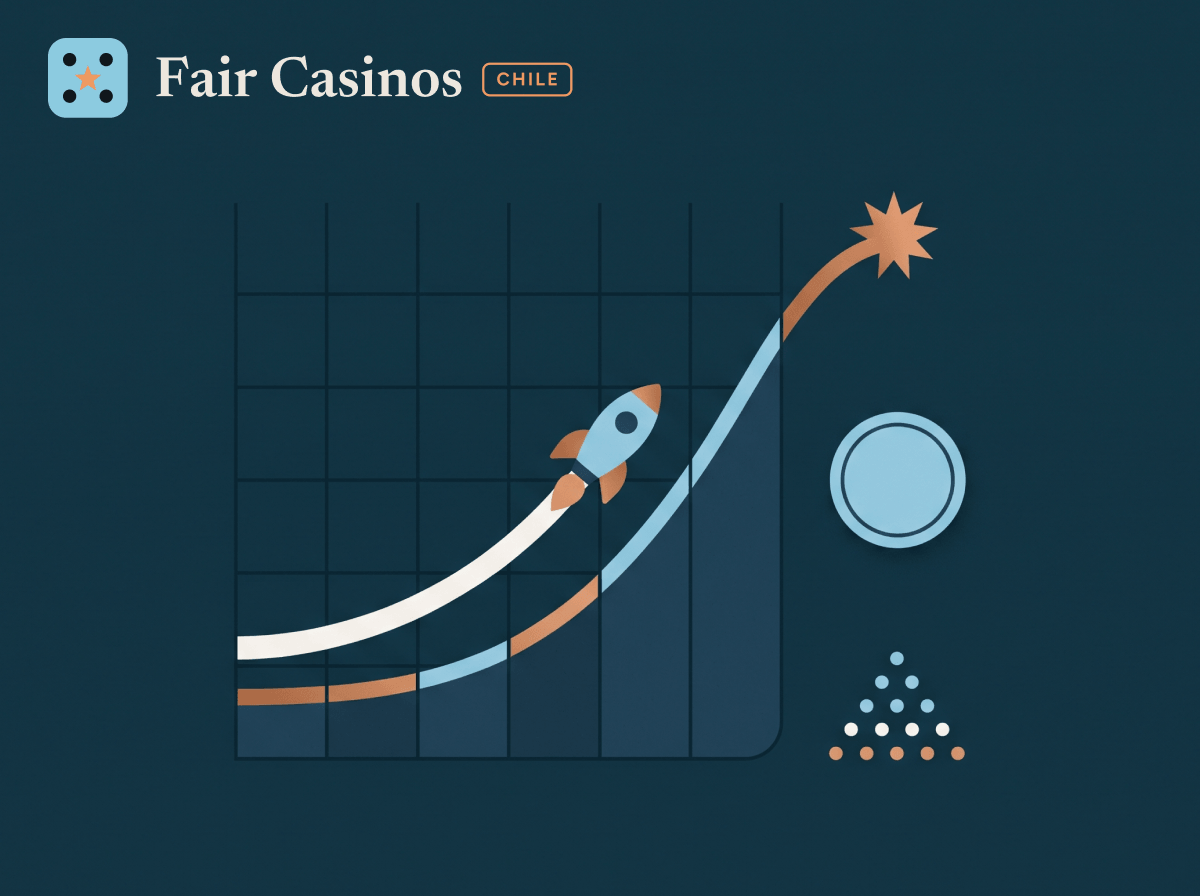 Gráfico de un juego tipo «crash» de estilo minimalista con un cohete en ascenso